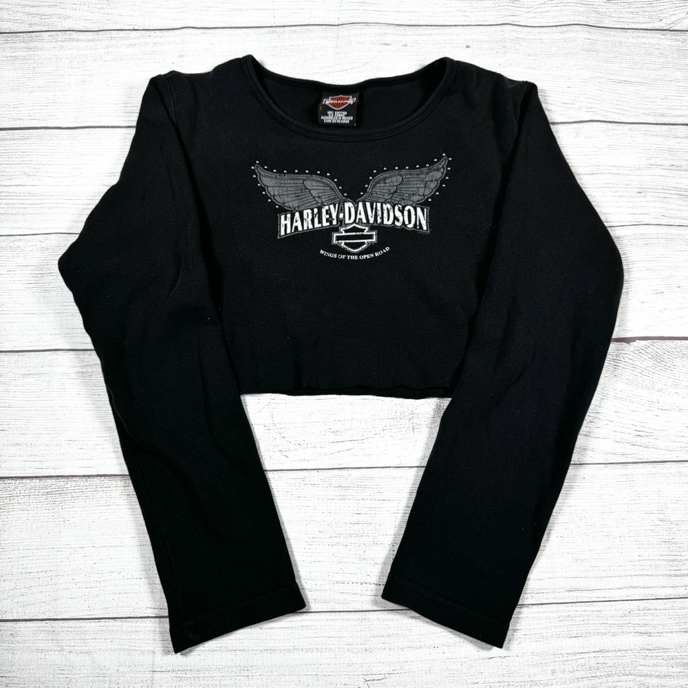 VINTAGE WOMANS Y2K HARLEY DAVIDSON  CROPPED LONG SLEEVE SHIRT SIZE LARGE